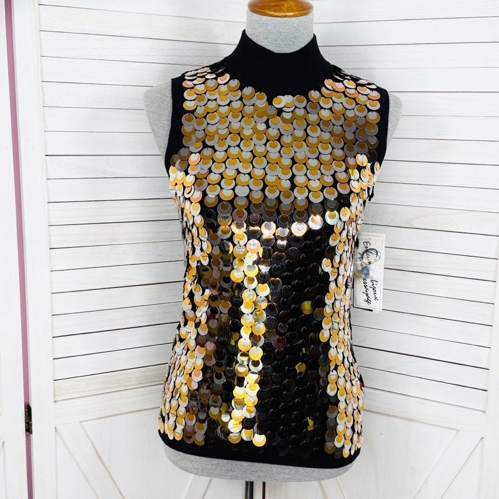 Peter NygardโDangle Fish Scale Sequins Mock Neck Sleeveless Sweater Blackโ PS